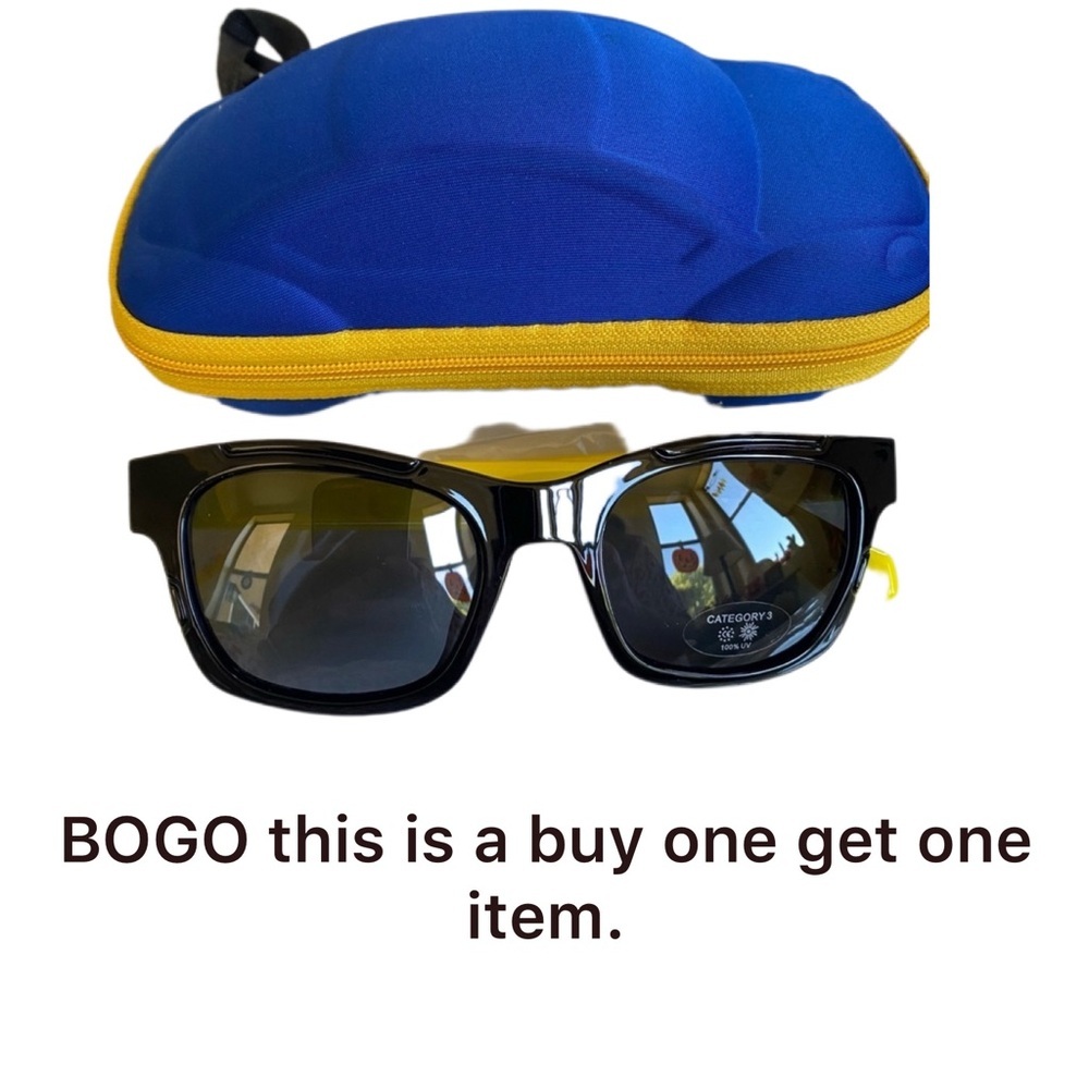 BOGO.  Black kids Sunglasses with Blue and Yellow Car Case NWOT